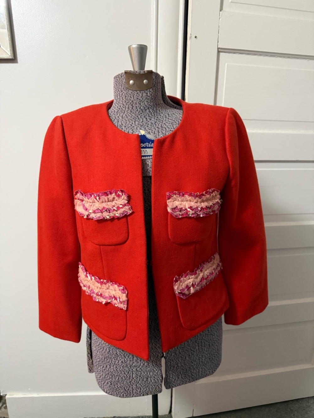 J. Crew Astrid Vibrant Red Cropped Wool Blend Jacket with Pink Trim 2